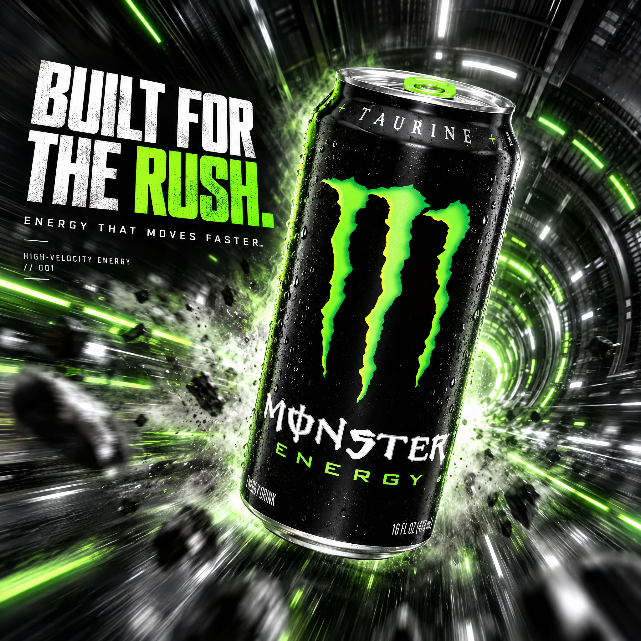 تصميم إعلاني لمشروب Monster Energy بتأثير حركة سريع